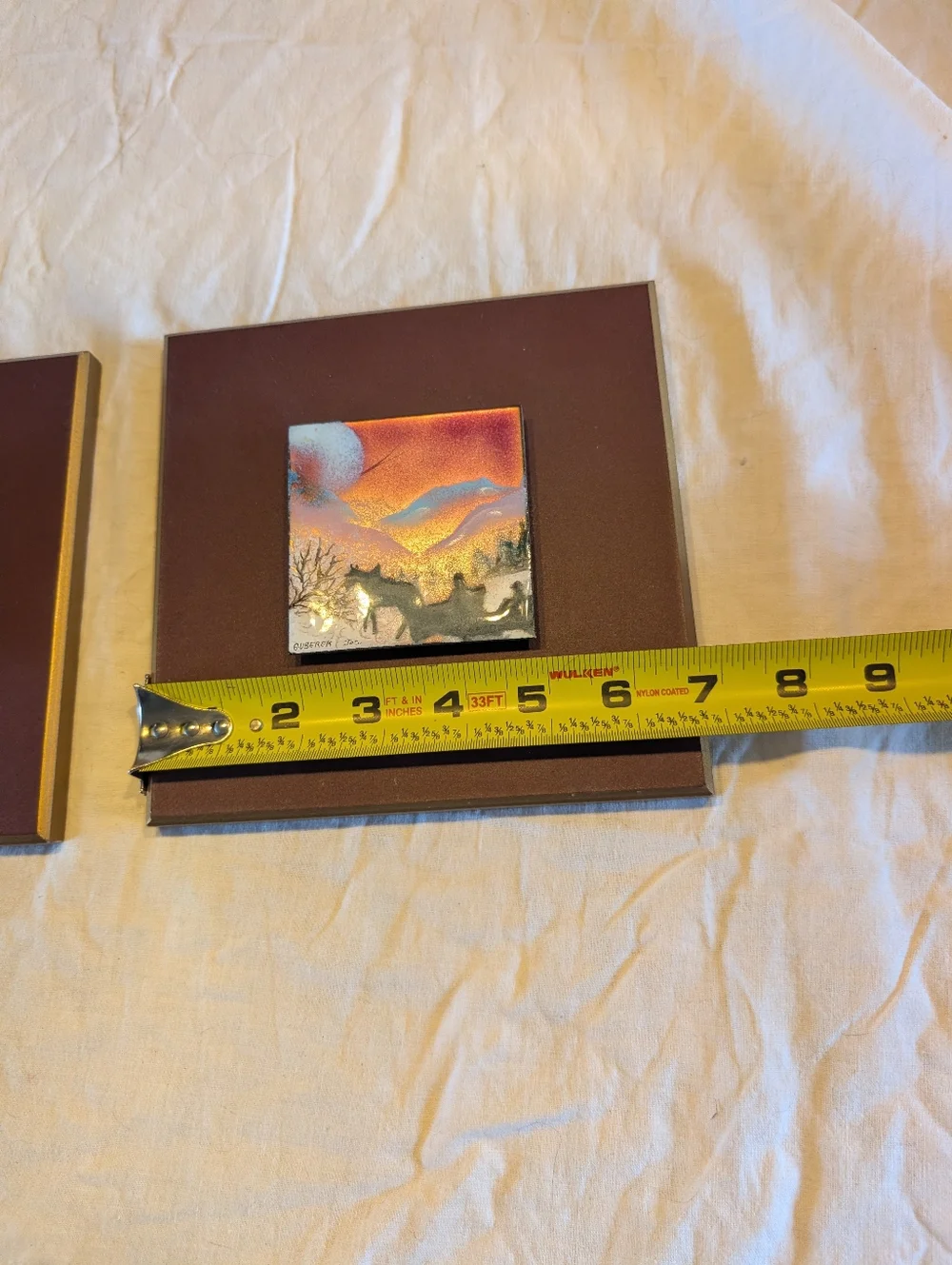 2/50$ Vintage Brown Framed Dual Mini Landscape Enamel On Copper Wall Art - Picture 5 of 6